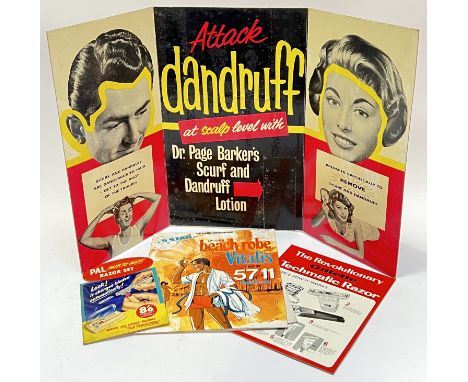 Vintage advertising,&nbsp;a mixed group of barber shop point of sale display signs comprising a large triptych Dr Page Barker