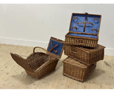 A collection of four various cane and wicker vintage picnic cases (largest: 44cm (including handle) x 61cm) (4)