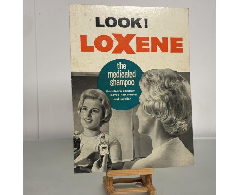 A Vintage Barber Shop Loxene Advertising sign for - The Medicated Shampoo, on cardboard. (signs of foxing) (53.5cmx40cm)