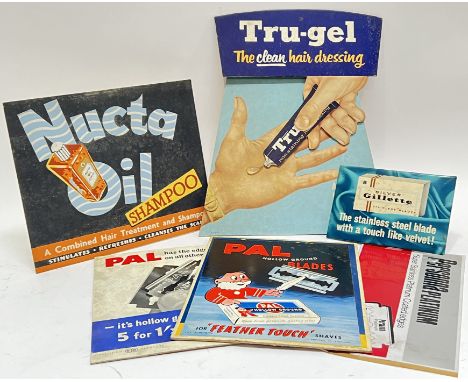 A mixed group of vintage Barber Shop advertising signs,&nbsp;comprising an unusual mixed-media Tru-gel cardboard sign with ac