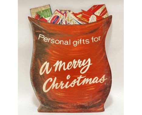 Vintage advertising, a large and unusual Bristow's Shampoo barber shop Christmas advertising sign (cardboard, h- 72cm, w- 52c