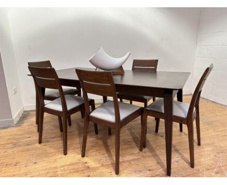 An Ercol contemporary stained ash and elm dining suite comprising a Lugo extending dining table with rectangular top, having 