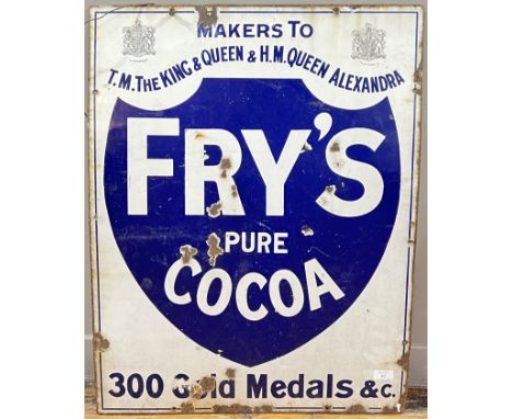 A vintage Fry's Pure Cocoa enamel sign with Royal emblems etc...(h- 80cm, w- 62cm)