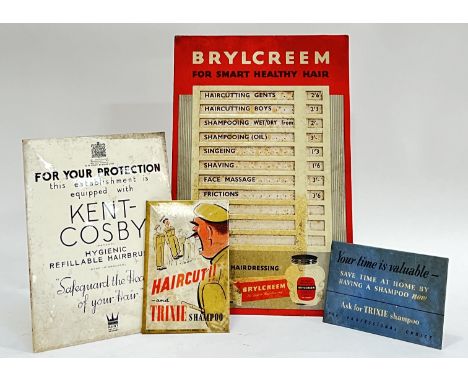 A mixed group of vintage advertising signs,&nbsp;comprising a Brylcreem barber shop tin price sign (cardboard easel backed, h