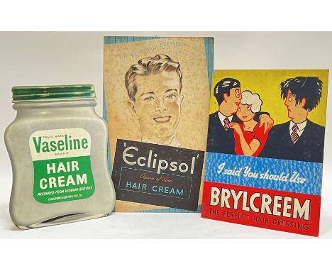 Vintage advertising,&nbsp;an easel back carboard 'Eclipsol' point of sale barber shop hair cream sign (h- 37cm, w- 23cm), a V