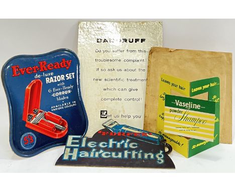 A mixed group of vintage Barber Shop advertising signs,&nbsp;comprising a Lenium Dandruff cardboard easel sign (h- 30cm, w- 2