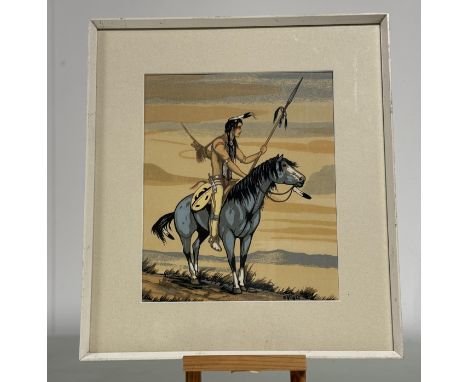 Frank Vigil (Jicarilla Apache, 1922 - 1979), A Native warrior mounted on a horse, silkscreen print, in a glazed frame (30cmx2