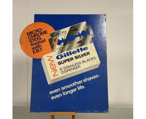 A Vintage Barber Shop Gillette Advertising sign for - New Super Silver Stainless Blade on cardboard. (damage to corners a/f) 