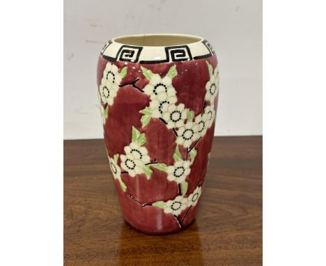 A Scottish Bough by Robert Amour&nbsp; pottery oval japanese inspired decorated vase with white prunus sprays with green leav