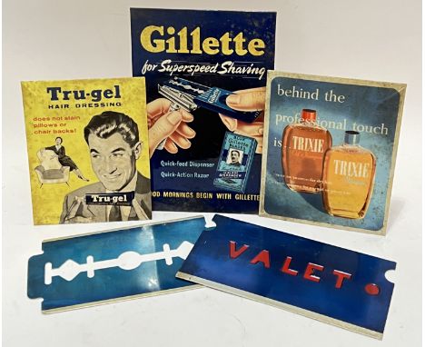 Vintage advertising,&nbsp;a mixed group of tin printed barber shop point of sale signs including Gillette, Trixie Shampoo, Tr