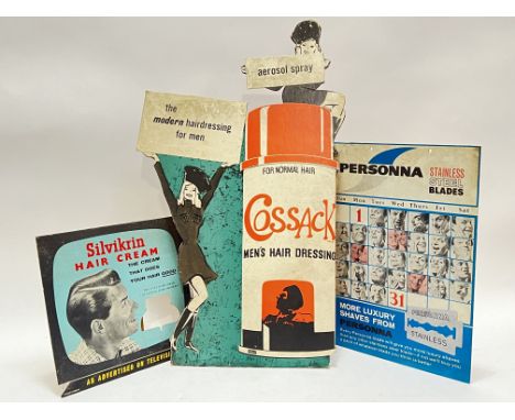Vintage advertising,&nbsp;a group of carboard barber shop point of sale signs comprising Cossack aerosol spray (h- 61cm, w- 3