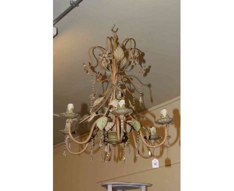Metalwork leaf design six branch light fitting with glass lustre drops