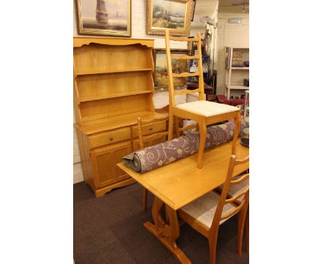 Lightwood shelf back dresser, rectangular dining table and five ladder back chairs together with a pine telephone seat