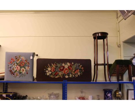 Two needlework cabriole leg stools, circular mahogany plant stand and gout stool (4)