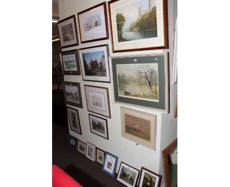 Collection of eighteen various framed paintings and pictures including Florence Walker watercolour, Helen Bradley print, etc