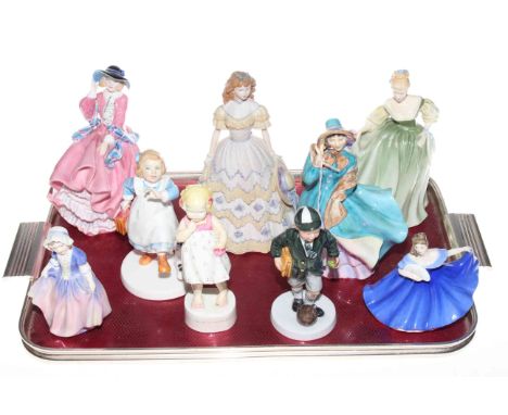 Seven Royal Doulton figures, Coalport figure and Royal Worcester 'Only Me' figure