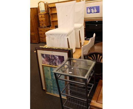 Rectangular light wood dining table and four chairs, contemporary side table and record stand, gilt framed bevelled wall mirr