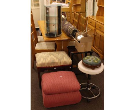 Four various stools, Timex revolving table top display case, lacquered occasional table, roll of fabric and light fitting (8)