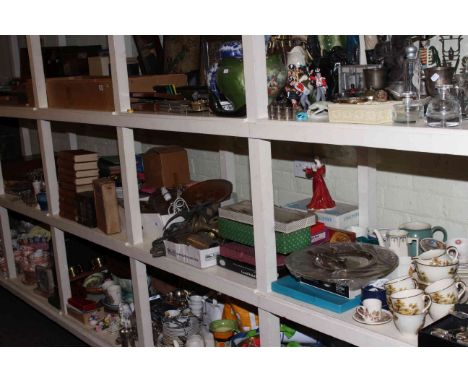 Full shelf of glass, china, books, writing box, jam pans, metalware, etc