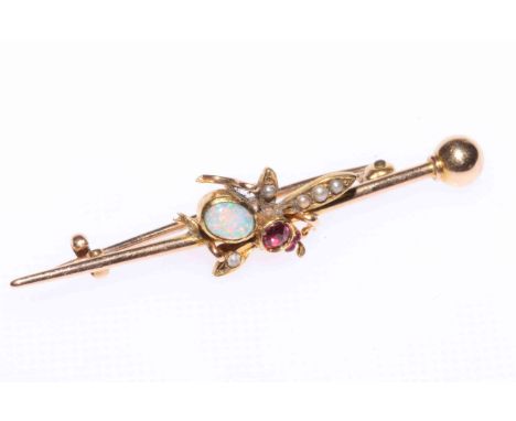 Opal, ruby and seed pearl insect brooch, late 19th Century/Early 20th Century, boxed