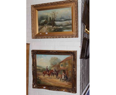 Richard Temple, Tavern scene, framed oil on panel; F. Johan, Figure on a Patch, oil on board and oil on canvas of moored ship