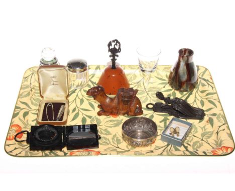 Two silver topped jars, military compass, miniature stanhope binoculars, hand bell, vase, etc