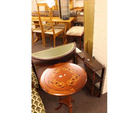 Two occasional tables, Demi Lune hall table, Lloyd Loom ottoman, gilt cheval mirror and wall shelf (6)