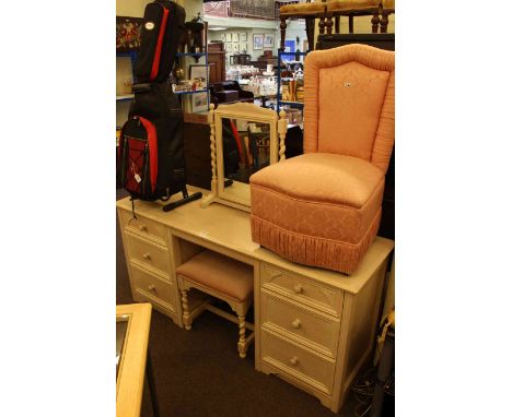 Hammonds limed oak pedestal dressing table, mirror, stool and twin headboards together with a bedroom chair (6)