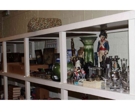 Books, wood boxes, fountain and other pens, small toilet mirror, glass, china, metalware, miners lamp, pictures, etc