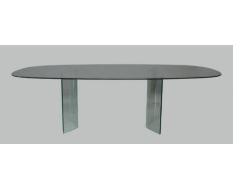 A large modern glass dining table, 72cm high, 242cm wide, 140cm deep, together with a set of ten Louis XV style black painted