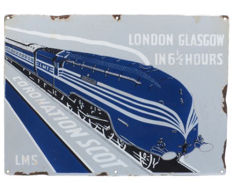 A modern reproduction enamel advertising sign for the London Midland and Scottish Railway 'Coronation Scot' express passenger