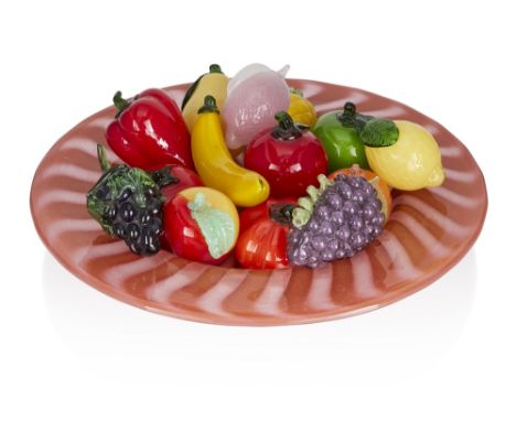 Murano, glass dish, together with loose Murano glass fruit and vegetables, second half 20th century, blown glass, the dish 49