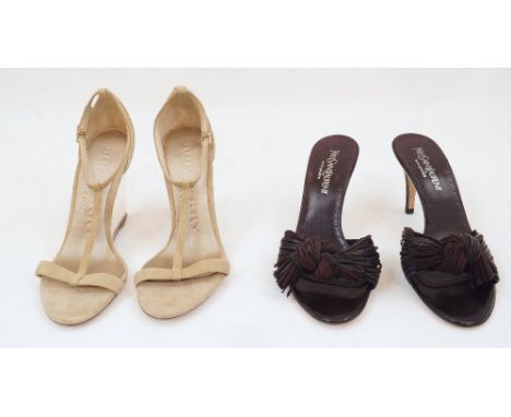 Burberry: a pair of Prorsum Layburn beige suede clear wedge heels, size '37', with suede ankle strap and logo stamped to inso