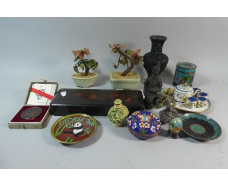 A Tray of Oriental Ware to Include Enamelled Miniature Tea Set and Lidded Boxes, Dishes etc Cinnabar Effect Vase and Jade Eff