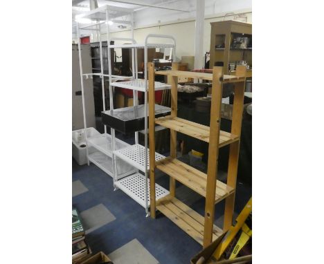 Two Metal and One Wooden Shelf Racks 