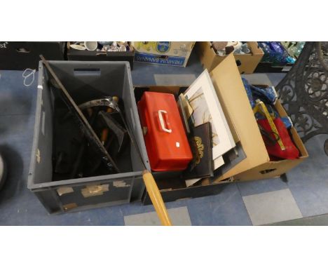 Three Boxes Containing Various Tools, Prints, Oak Tray, Fabrics etc 