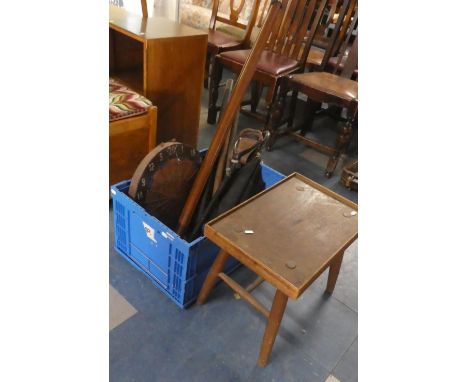 A Box Containing 19th Century Mahogany Theodolite Tripod, Pipe Brush, Heartwood Fishing Pole Inscribed C Hurt, Rectangular Ta