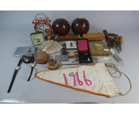 A Tray of Curios to Include Lawn Bowls, Copper Alarm Clock, Crucifix, Mother of Pearl Shell, Tortoise Shell Miniature Base, W