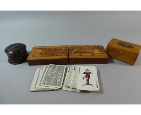 A Mauchline Ware Box for Stratford Together with an Inlaid 19th Century Cribbage Board and a Lignum Vitae Circular Box, 7.5cm