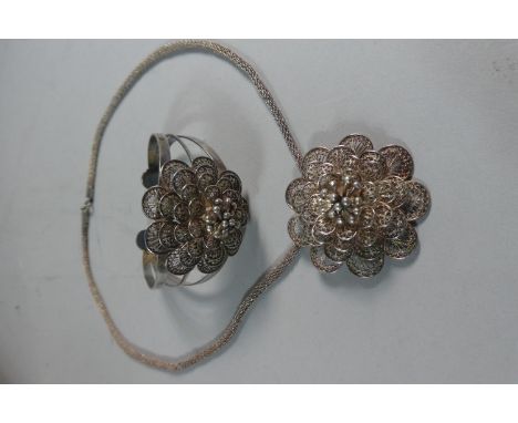 A Low Grade Silver Bangle Stamped 835 Together with Necklace 