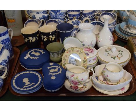 A Tray Containing Various Wedgwood Green and Blue Jasperware, Wild Strawberry, Coalport Shrewsbury, Royal Worcester etc 