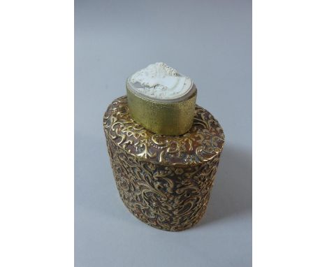 A Continental Oval Gilt Metal Tea Caddy with Replacement Carved Cameo Lid, 9cm High 