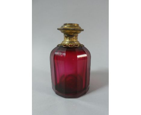 A 19th Century Italian Ruby Glass Scent Bottle with Gilded Pietra Dura Mount and Inner Glass Stopper, 11.5cm High 