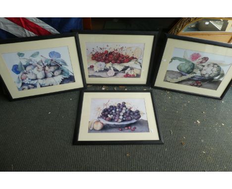 A Set of Four Ebonised Frame Still Life Prints, Fruit 