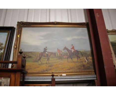 G Long, oil on canvas study of a hunting scene contained in gilt frame 