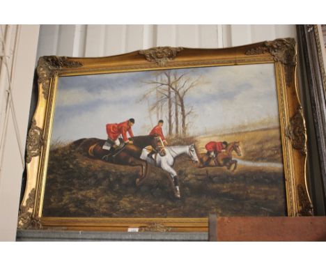 S Peters, oil on canvas study depicting a hunting scene, contained in gilt frame 