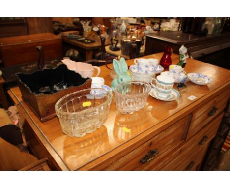 Two moulded glass jelly moulds; a quantity of Royal Worcester blue and white coffee cups and saucers; a Sylvac style rabbit e
