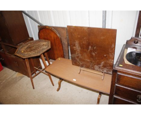 A rectangular topped coffee table; a folding table; an oak octagonal topped table; an Art Deco firescreen; and a card table 