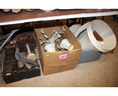 Three boxes containing light fittings and shades; model boat; a wooden truncheon; a small trug etc.