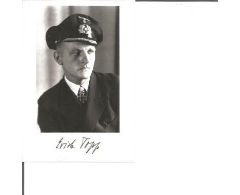 Uboat commander Erich Topp signed black and white portrait photo on card. Good condition. Good Condition. All signed pieces c